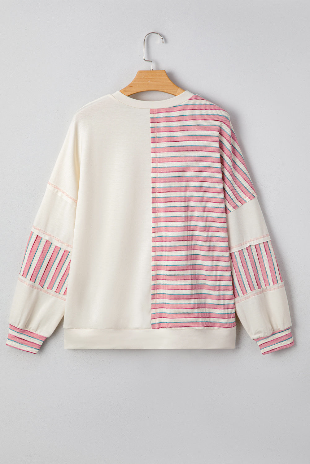 Khaki Stripe Stitched Detail Color Block Patchwork Oversized Pullover Top
