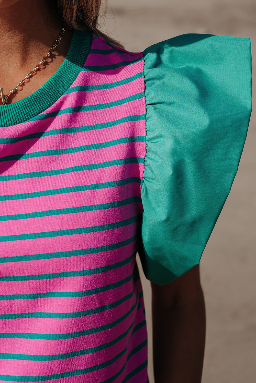 Stripe Colorblock Ruffle Sleeve Crewneck Blouse