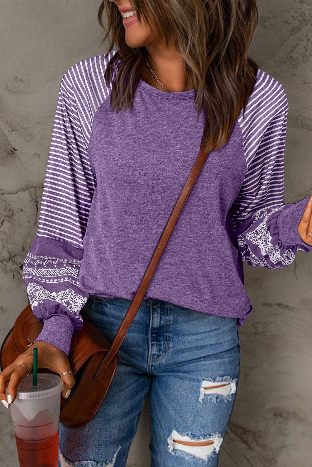 Stripe Patchwork Raglan Long Sleeve Top