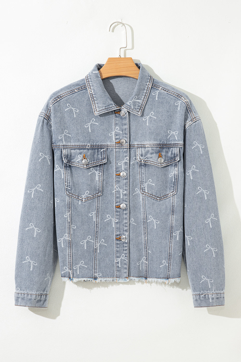 Denim Bow Light Wash Raw Hem Jacket