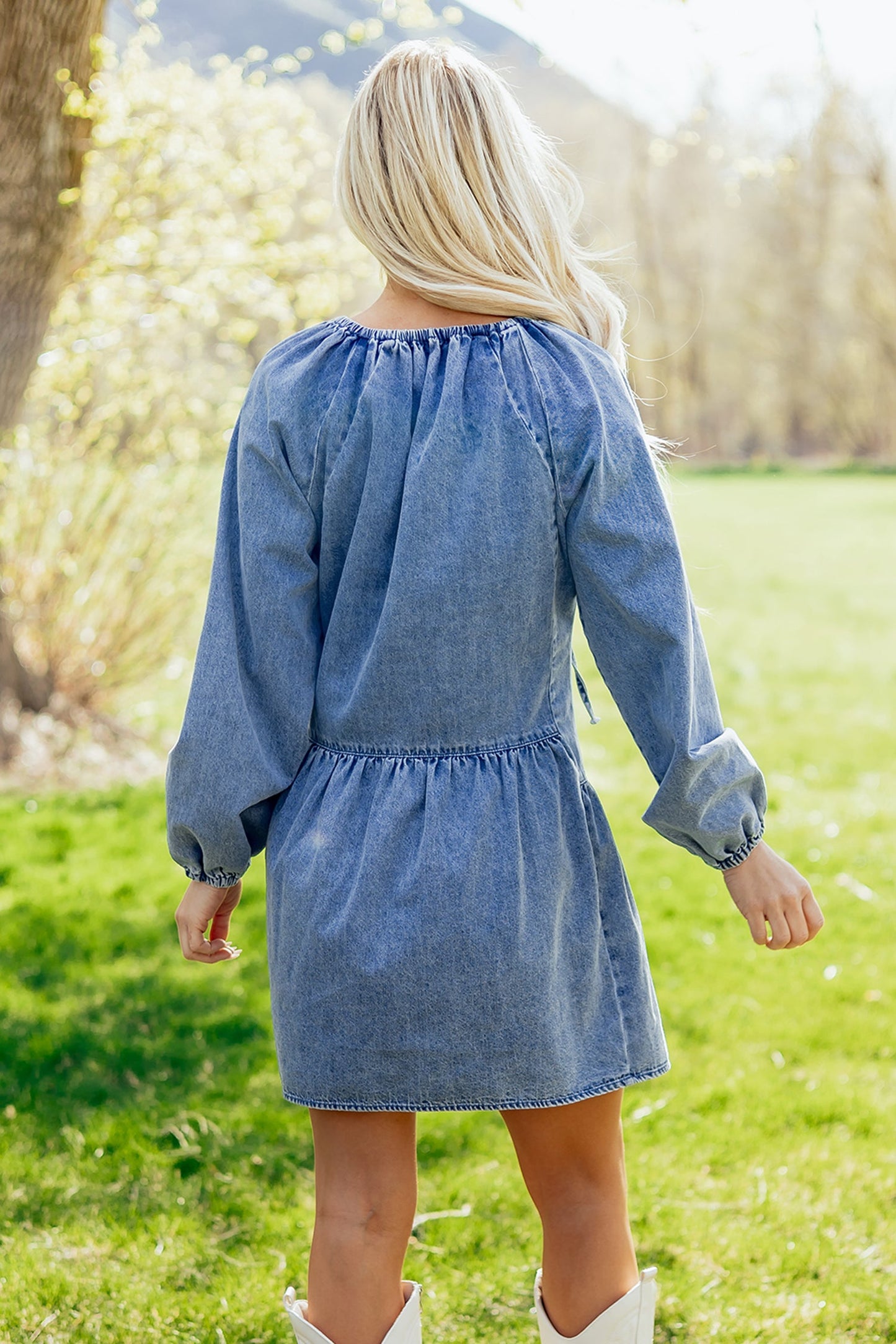Denim Puff Sleeve Tie V-Neck Ruffle Dress