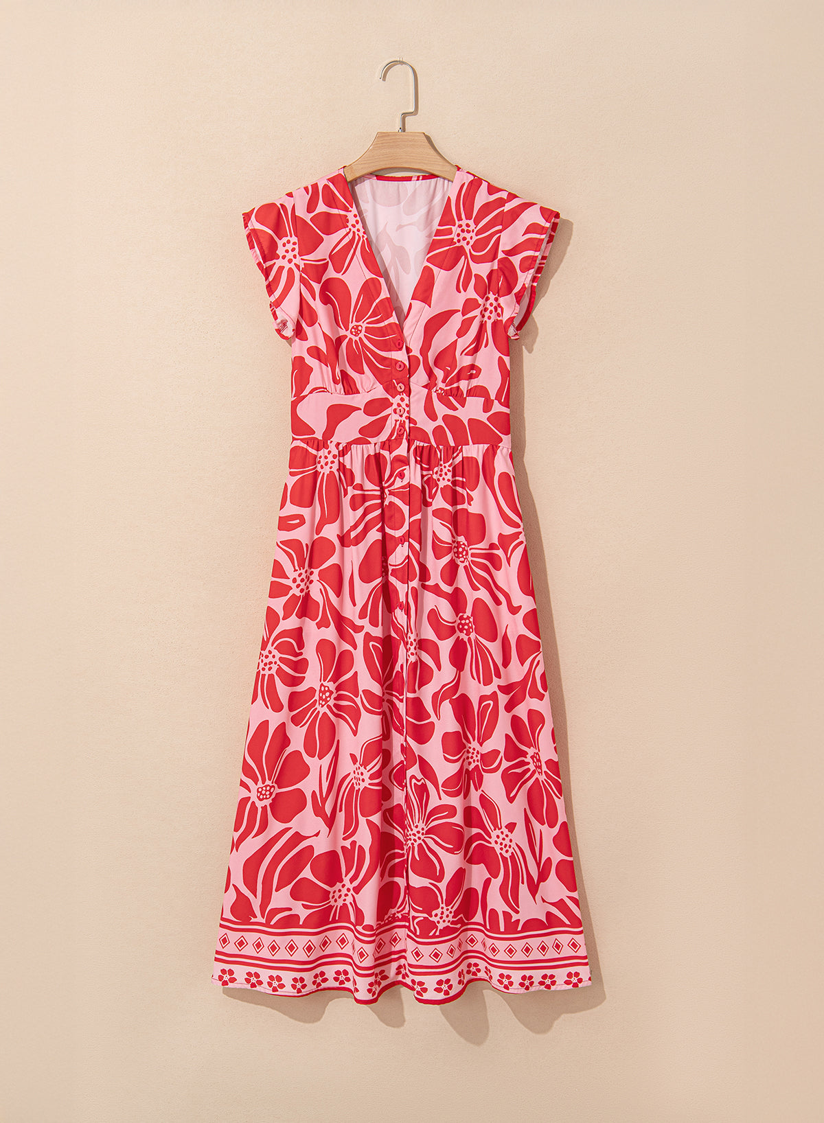 Floral Boho Short Sleeve V-Neck Buttoned Long Dress