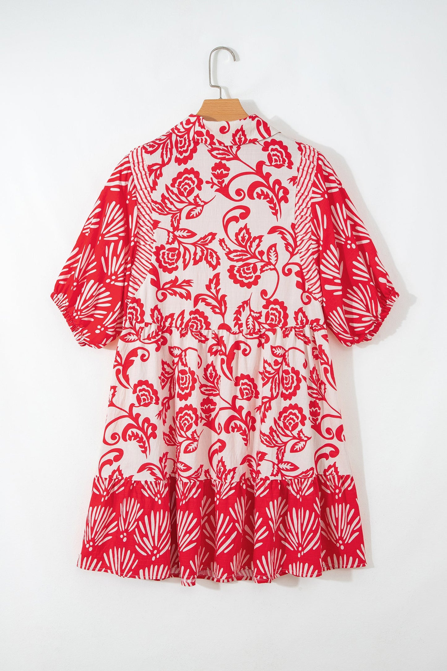 Flower V-Neck 3/4 Sleeve Collar Mini Dress