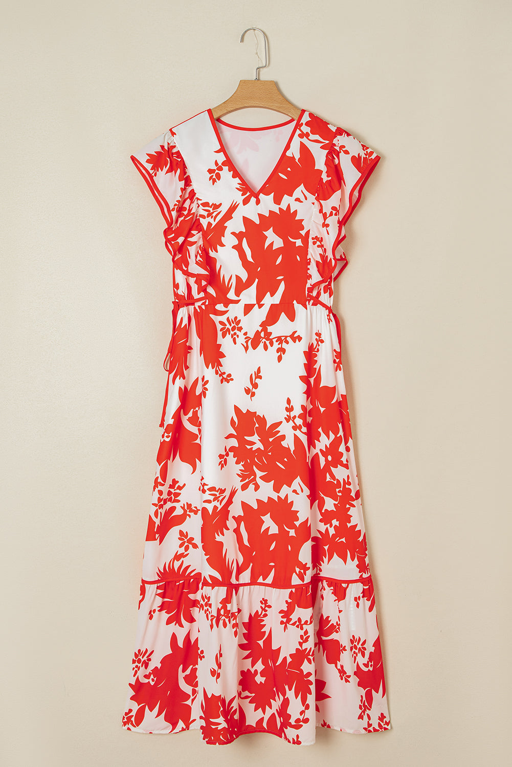 Floral Trim V-Neck Ruffle Sleeve Long Dress