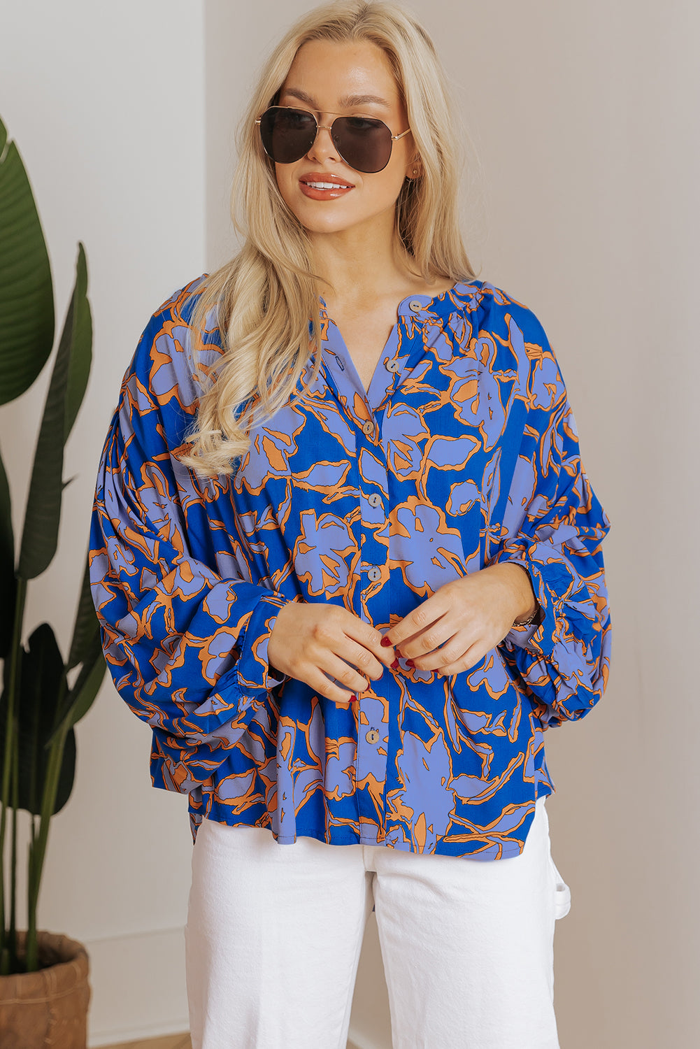 Floral Batwing Sleeve Button-Up Shirt