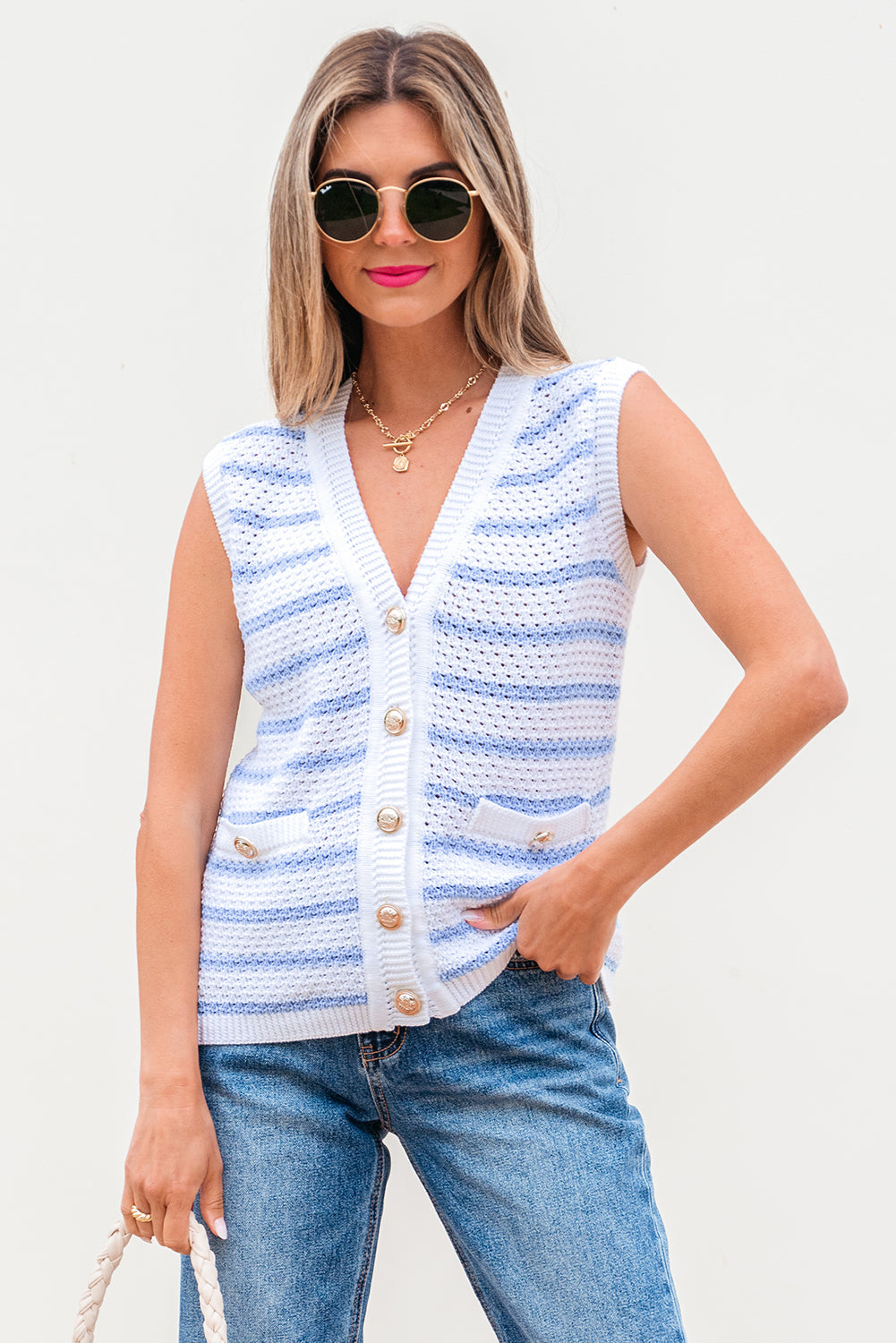 Stripe V-Neck Gold Button Sweater Top