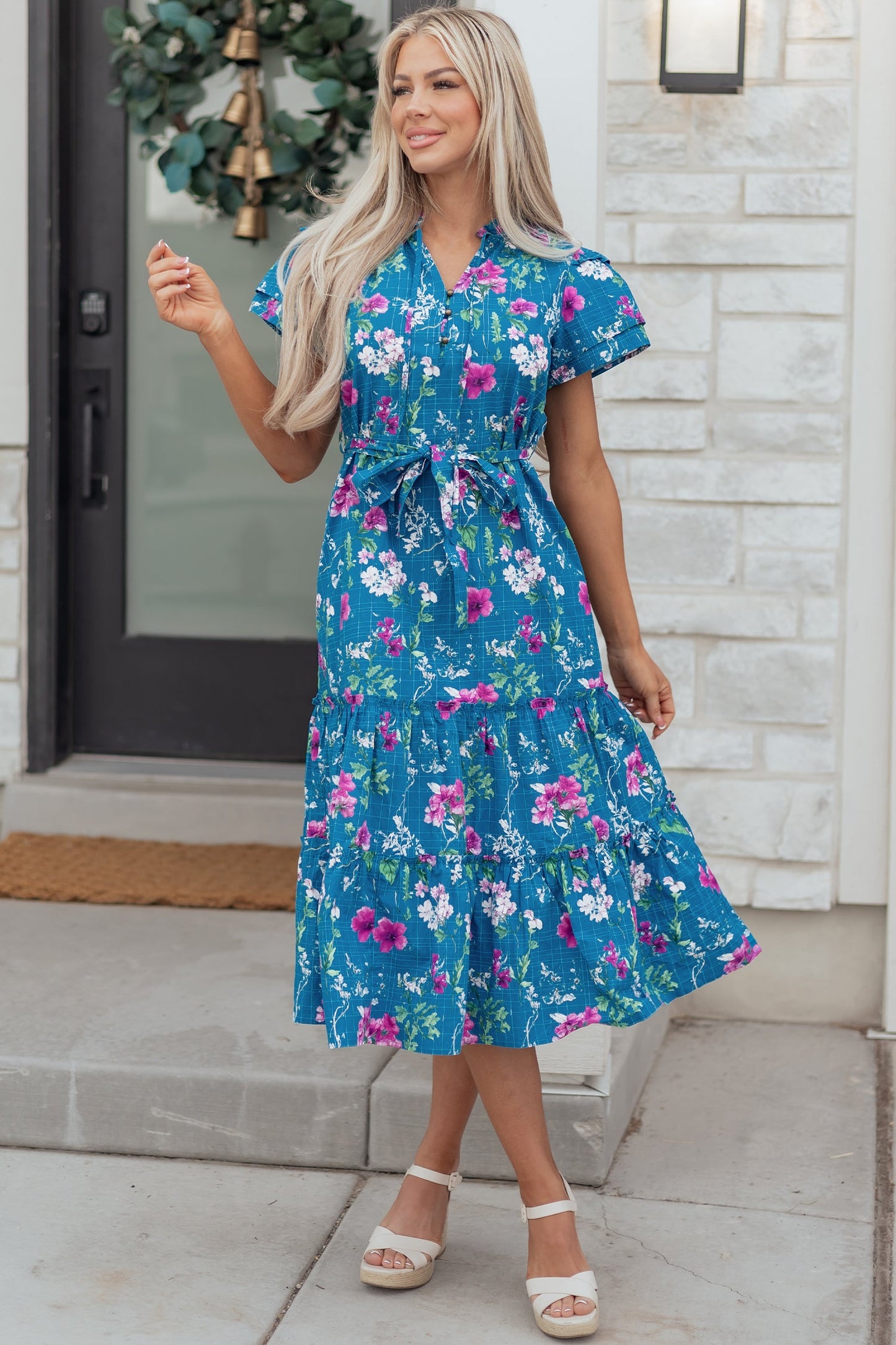 Floral Flutter Sleeve Tie Neck Belted Midi Dress