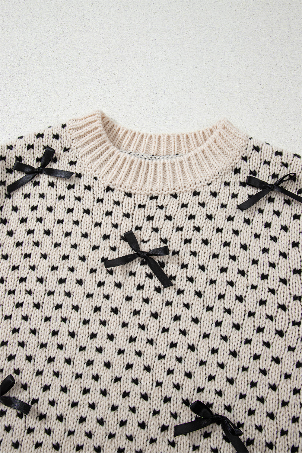 Bow Ribbed Edge Crewneck Long Sleeve Sweater