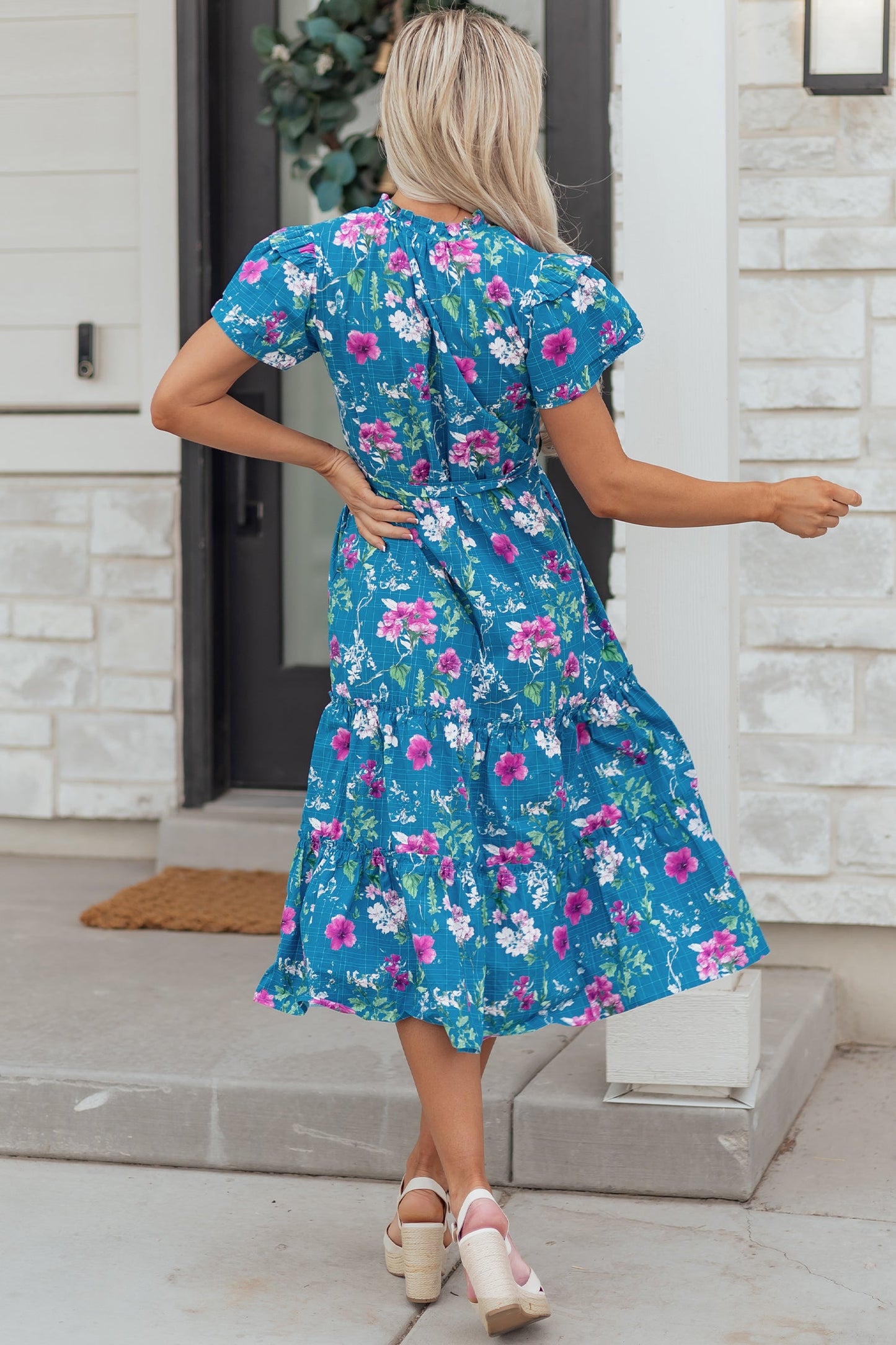 Floral Flutter Sleeve Tie Neck Belted Midi Dress