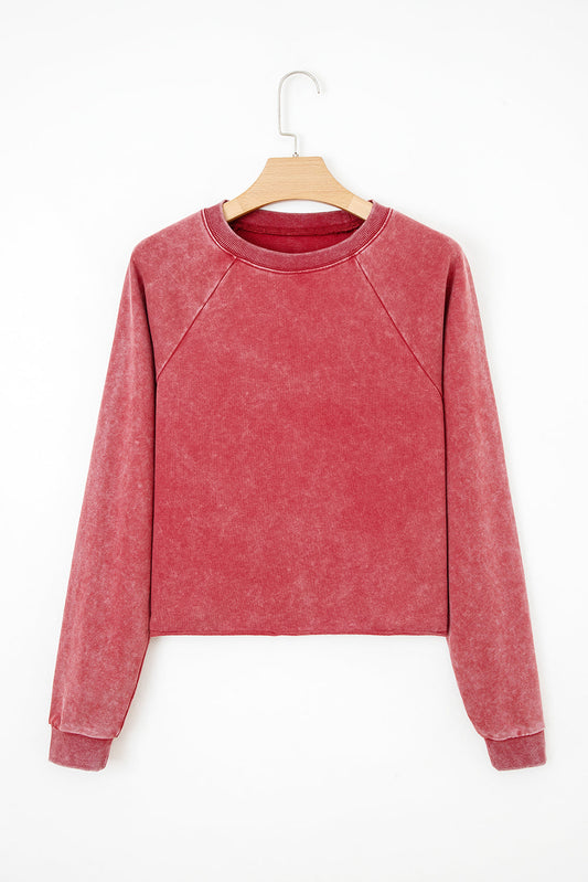 Solid Mineral Wash Raglan Sleeve Raw Hem Sweatshirt