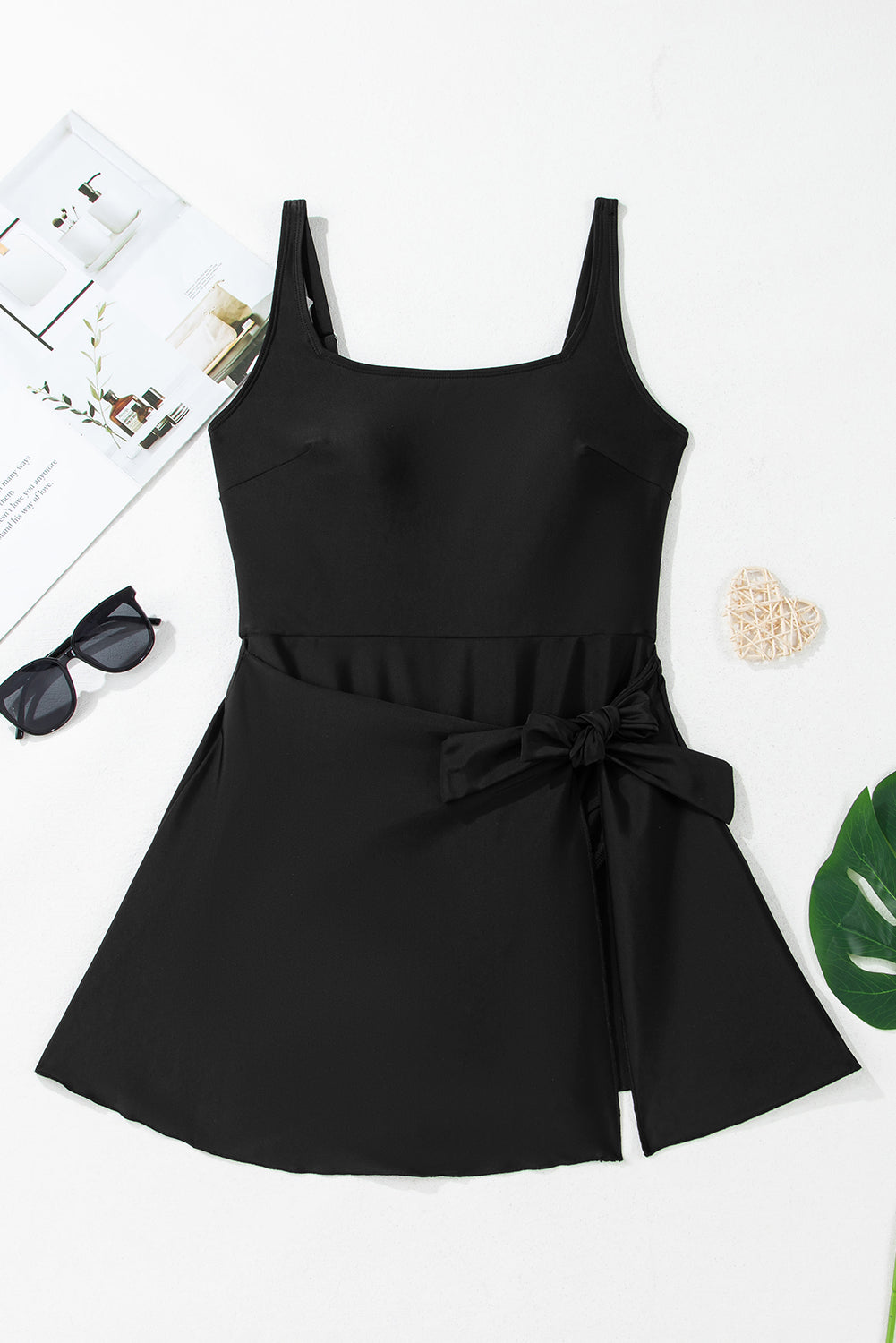 Side Tied Waist Square Neck A-line Swim Dress