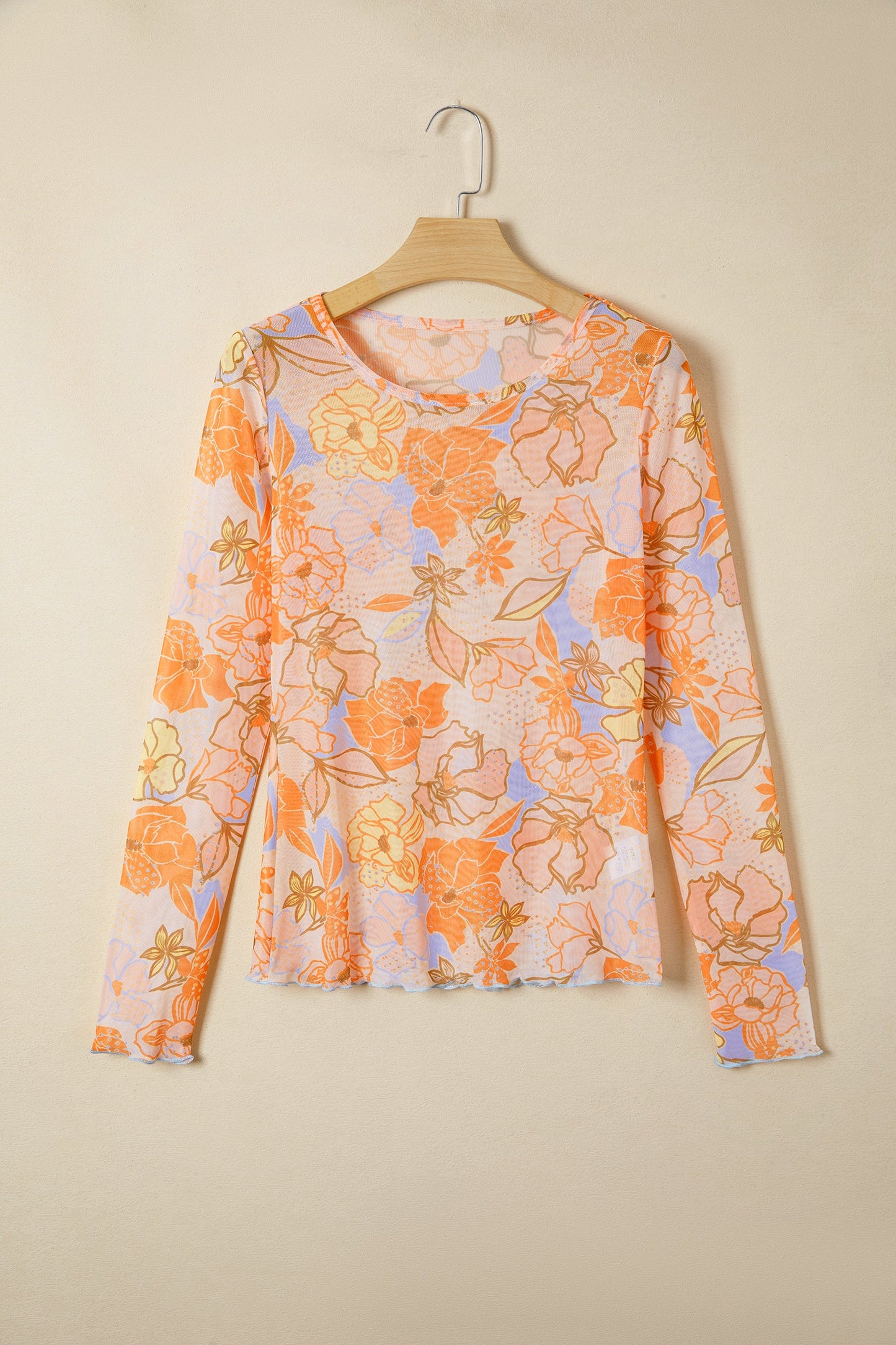 Floral Slim Lettuce Trim Long Sleeve Top