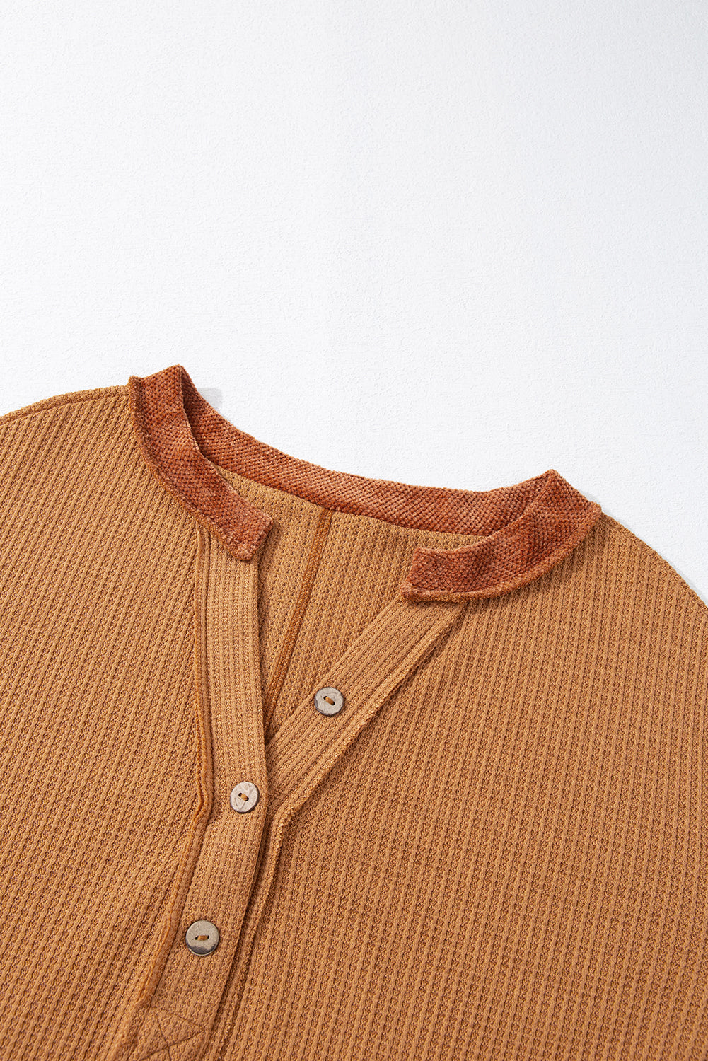Colorblock Waffle Knit Exposed Seam Long Sleeve Top