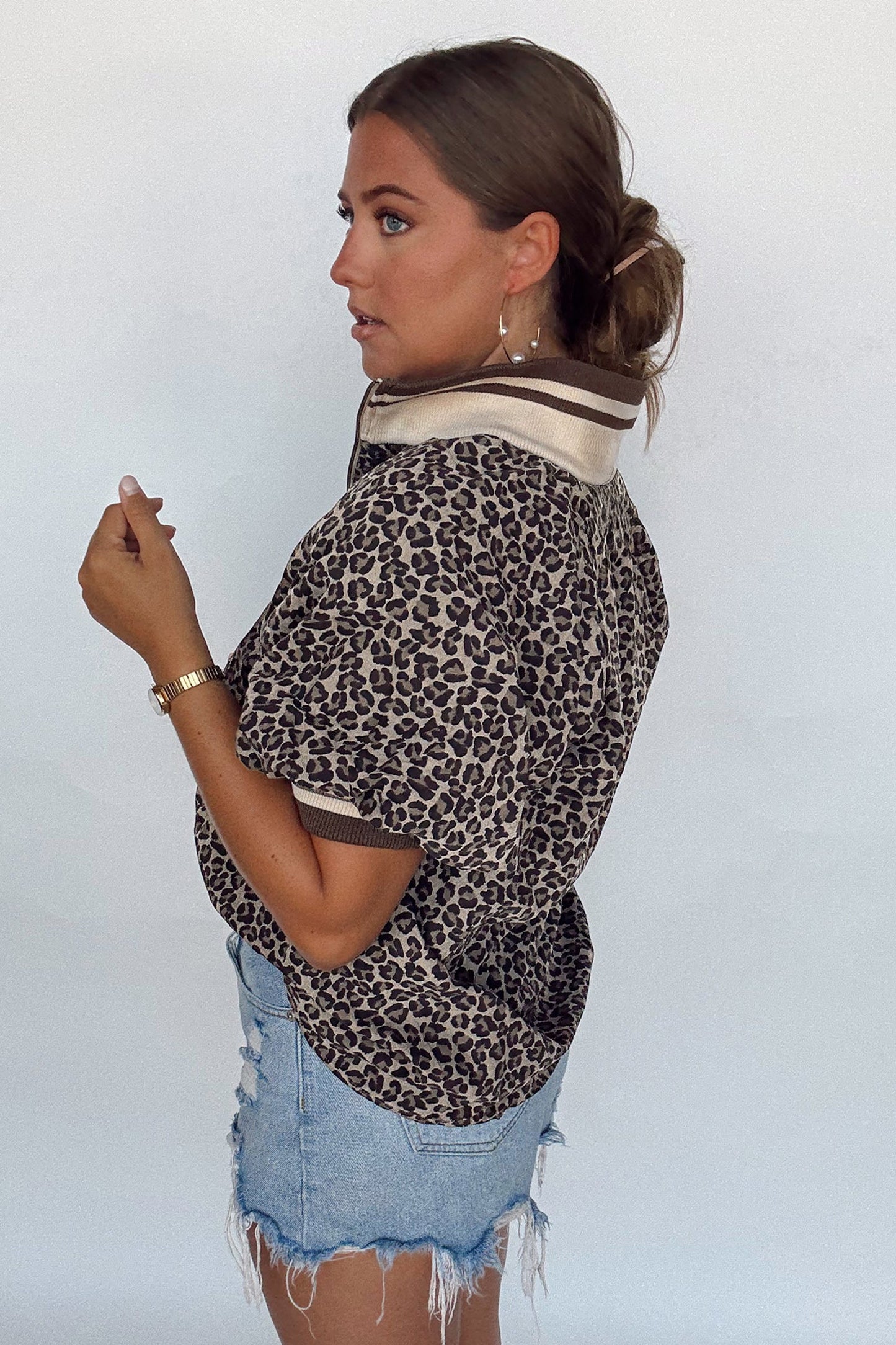 Leopard Half Zip Stripe Trim Short Sleeve Top