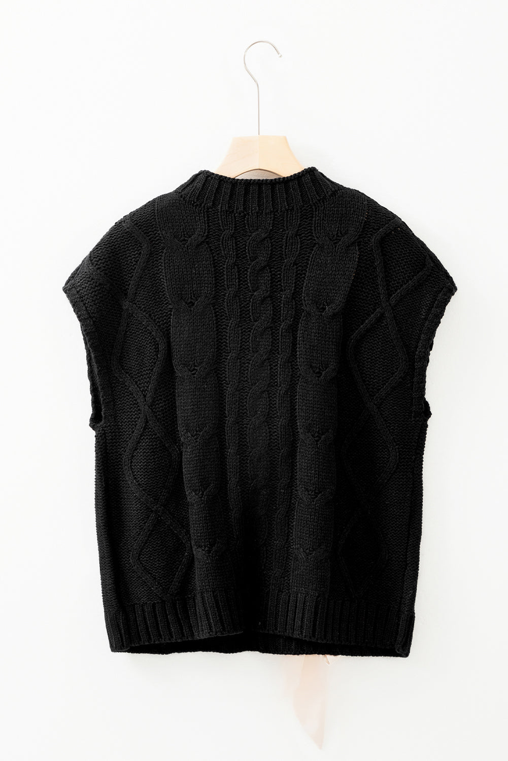 Colorblock Satin Bow Cable Knit Short Sleeve Sweater