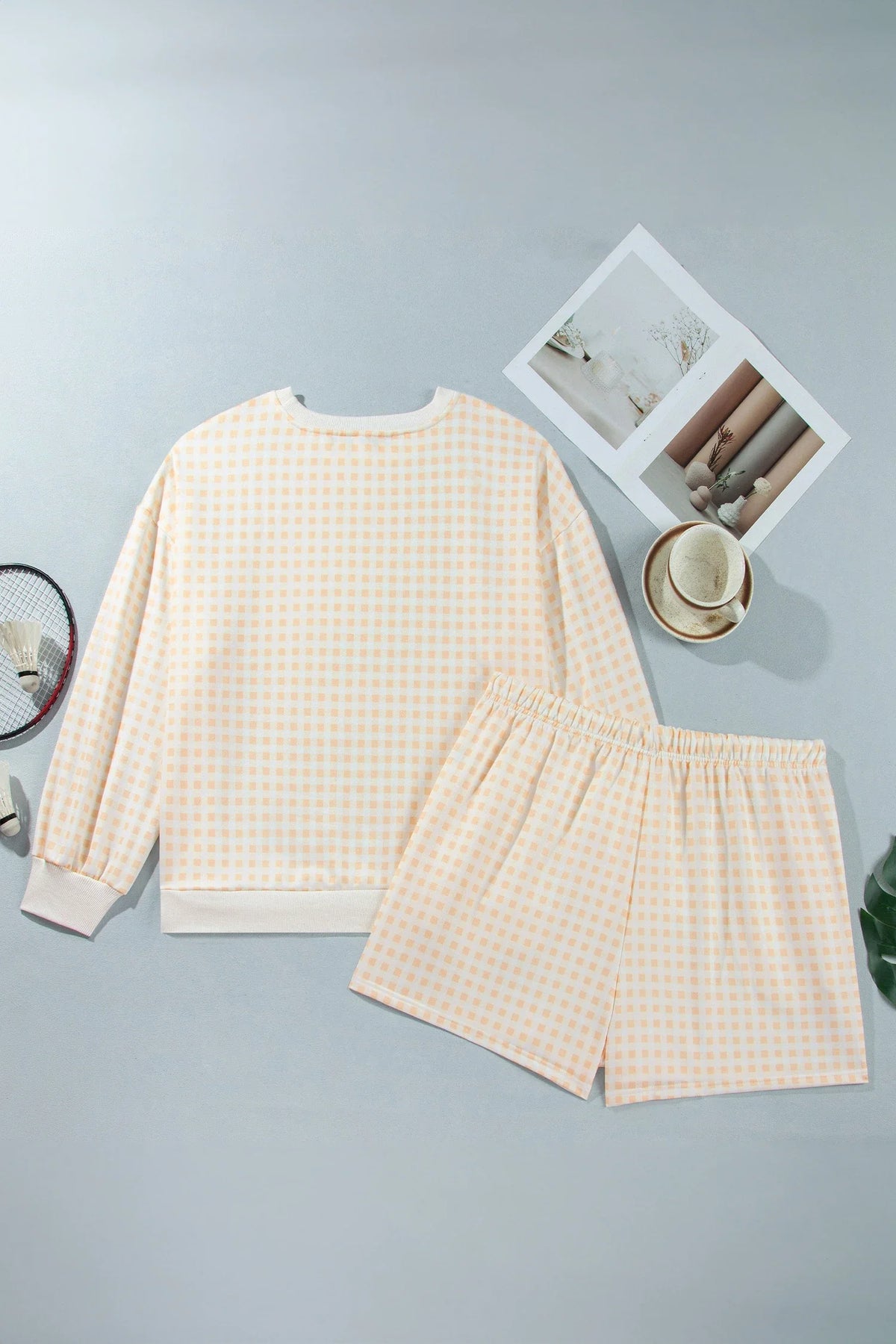 Plus Size Gingham Long Sleeve Top & Shorts Set