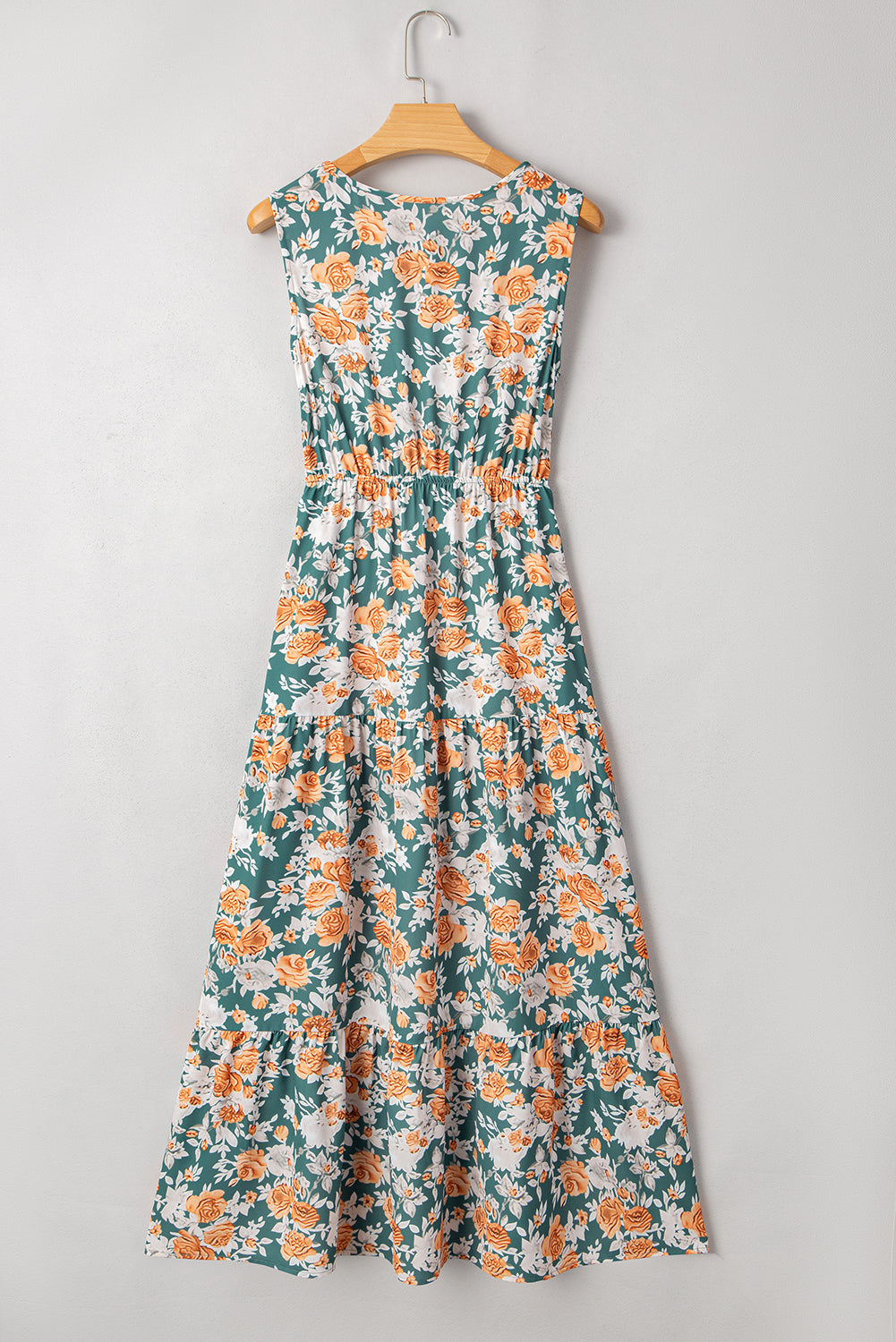 Floral Buttoned V-Neck Tie Waist Maxi Dress