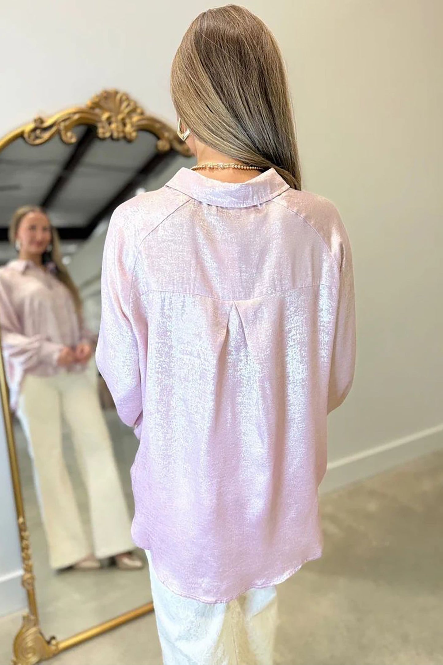 Ruffle Cuff Button Front Back Paneling Long Sleeve Shirt