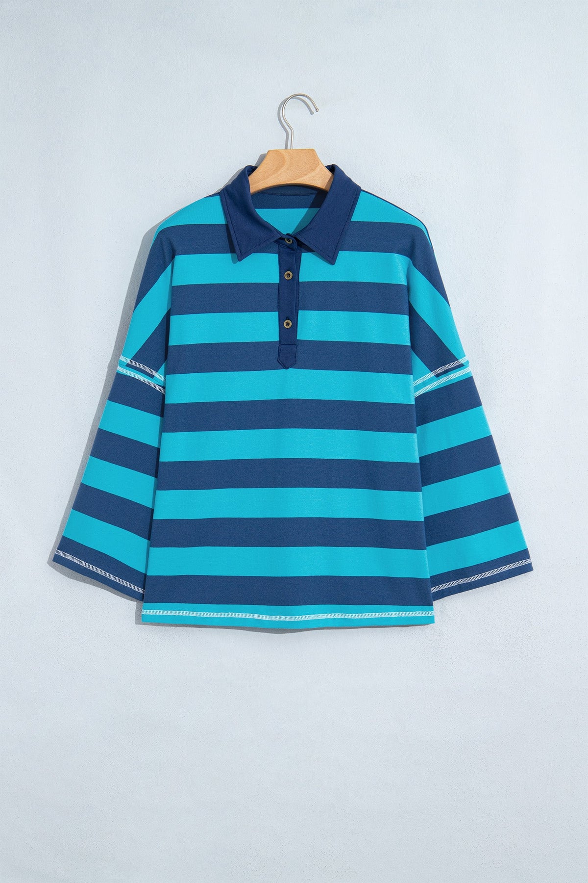 Stripe Contrast Polo Collar Long Sleeve Top