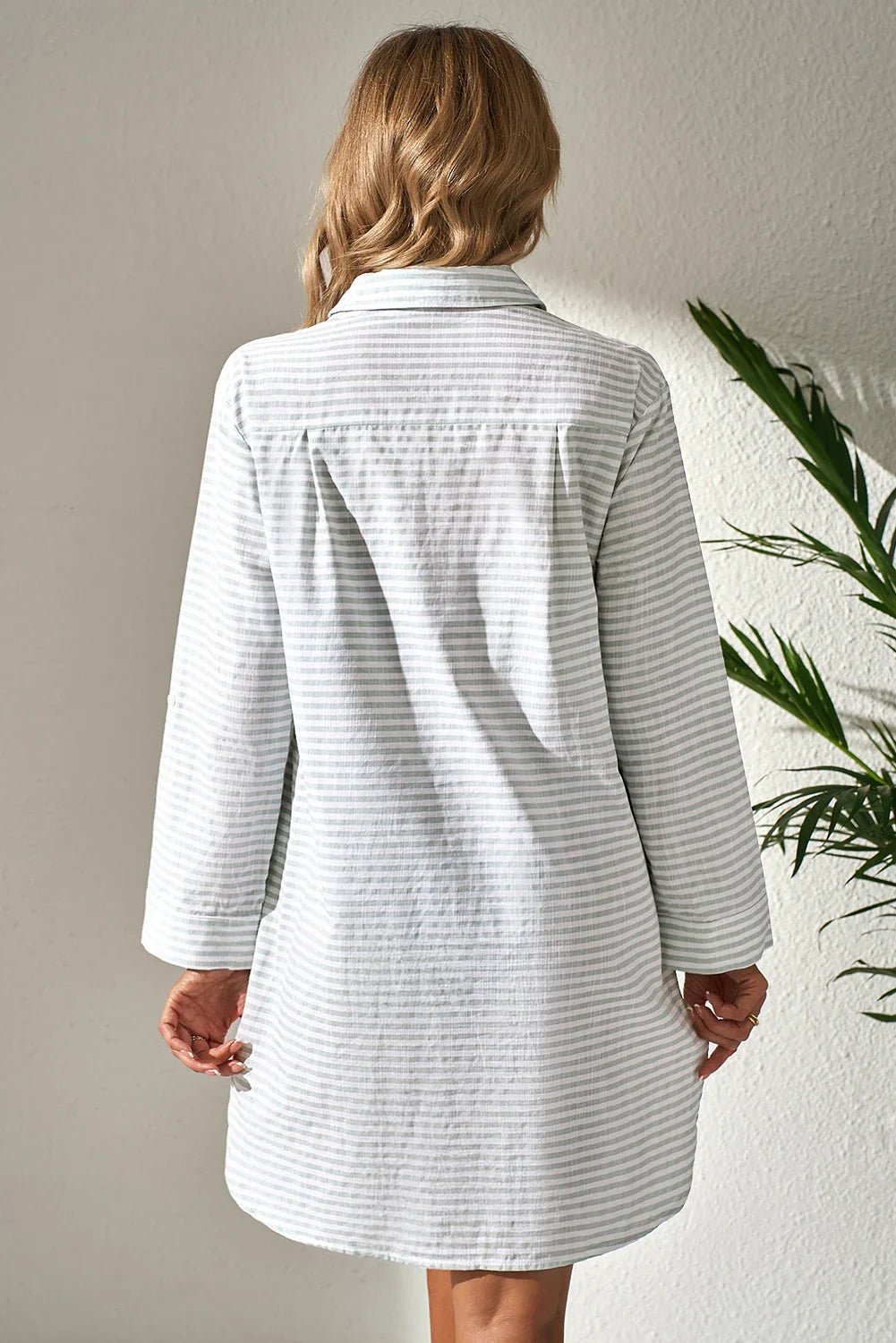 Stripe Collared V-Neck Chest Pocket Cover Up