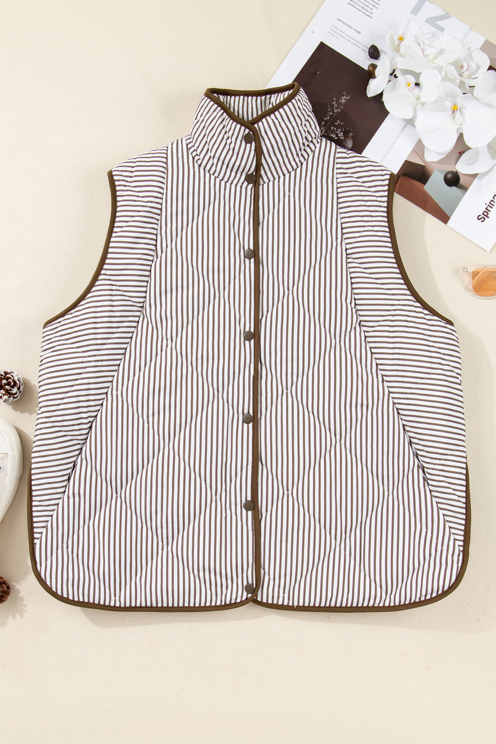 Plus Size Stripe Quilted Snap Button Vest
