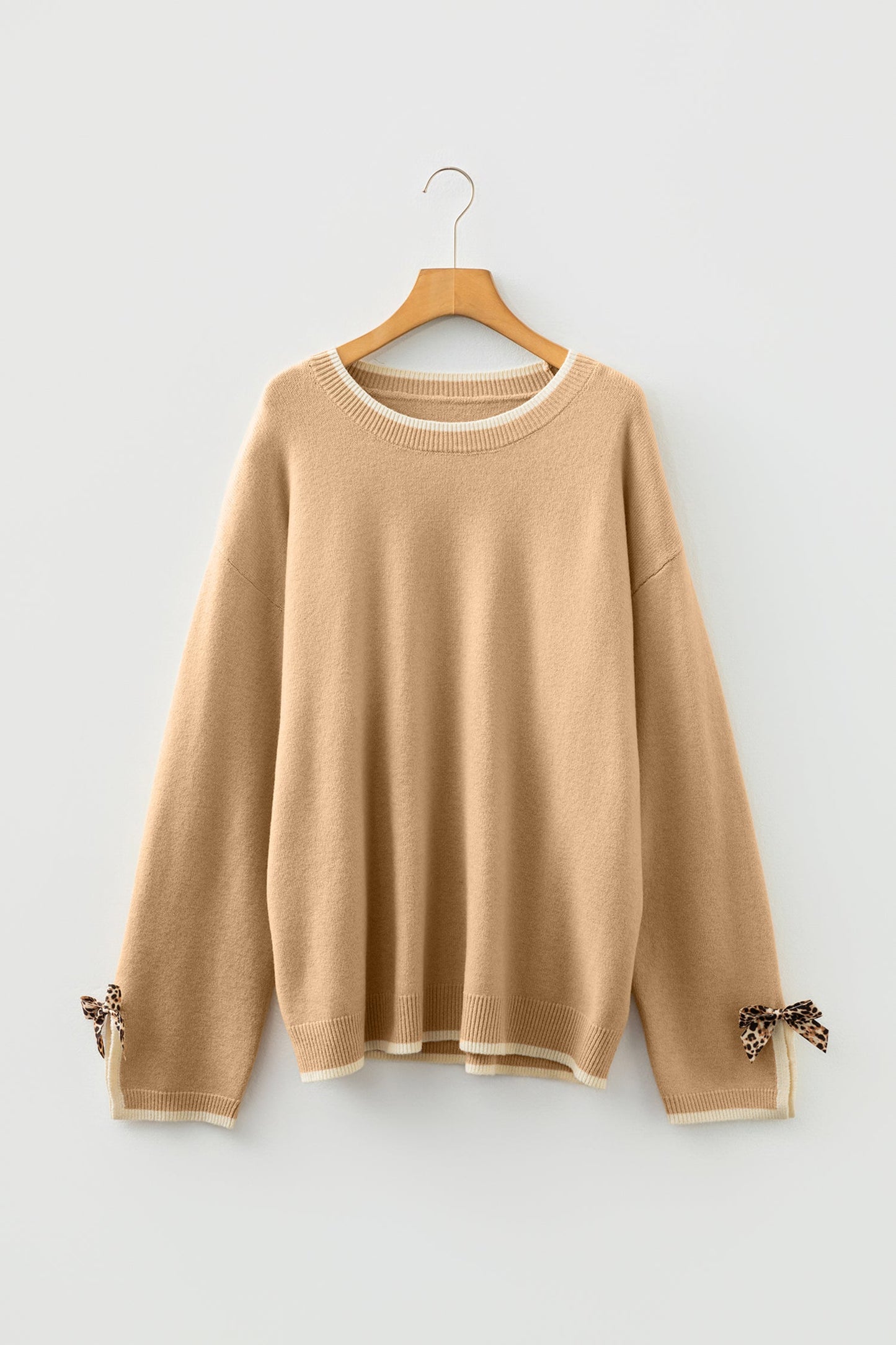 Plus Size Leopard Bow Split Cuff Sweater