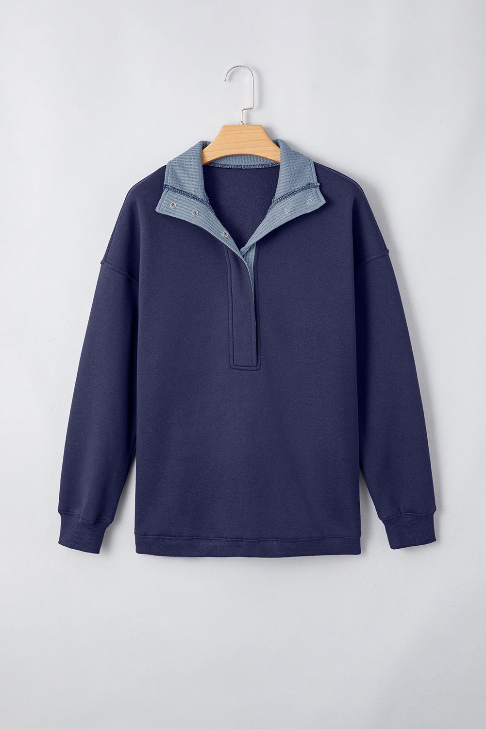 Waffle Knit Contrast Collar Half Buttoned Sweatshirt