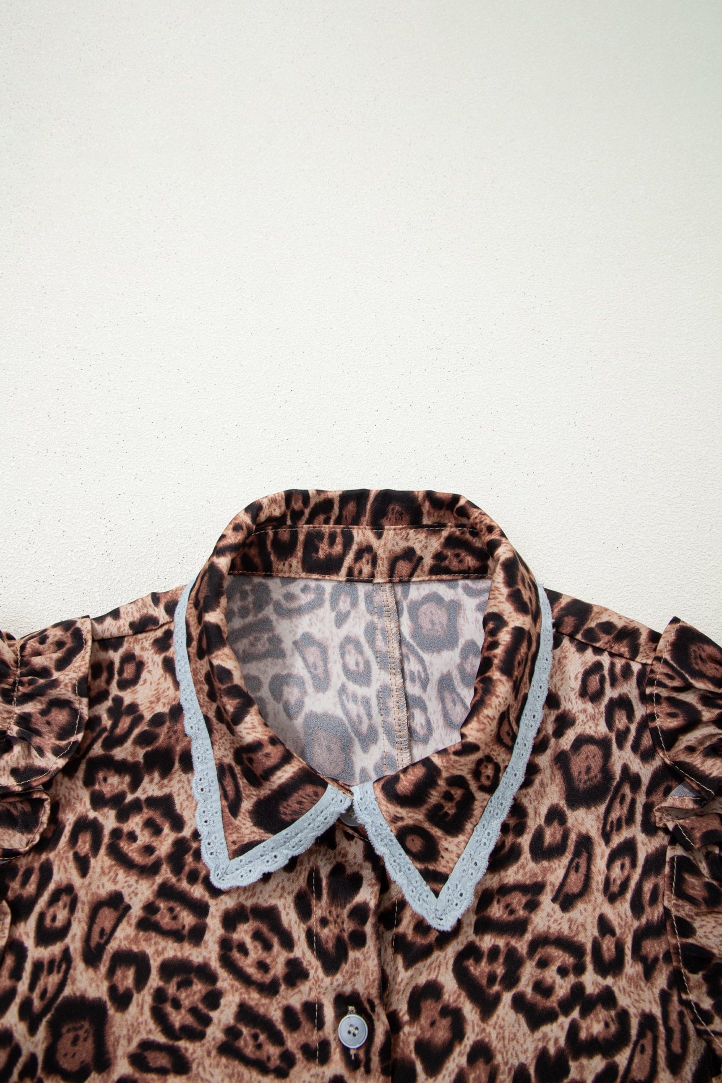 Leopard Lace Trim Collar Button Down Mini Dress