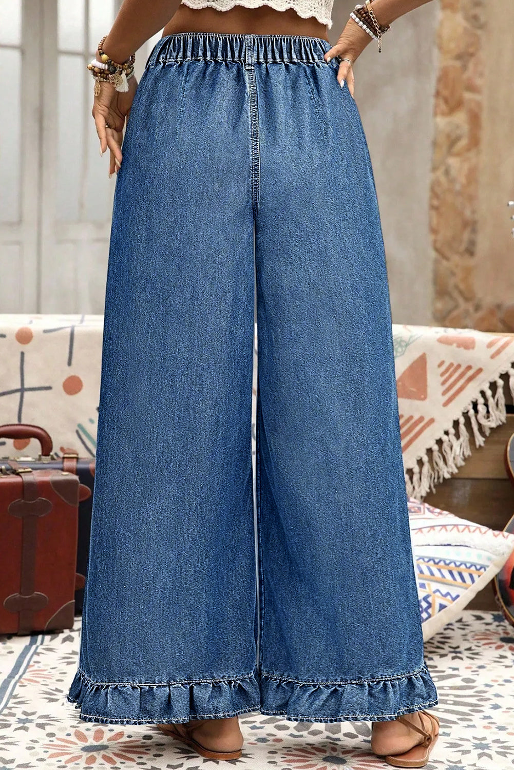 Plus Size Denim Elastic Waist Ruffle Wide Leg Pants