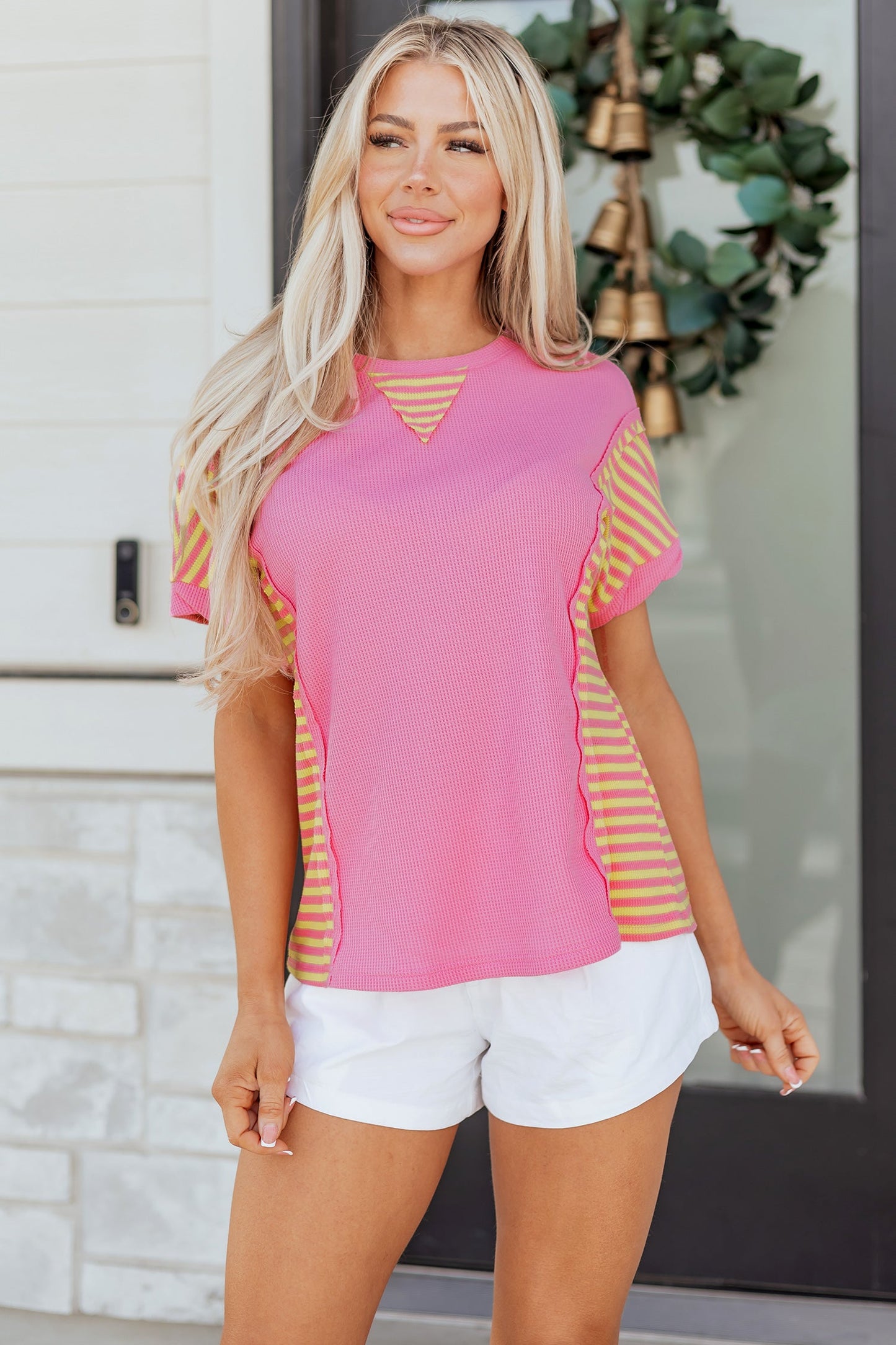 Stripe Patchwork Waffle Knit Loose T-Shirt