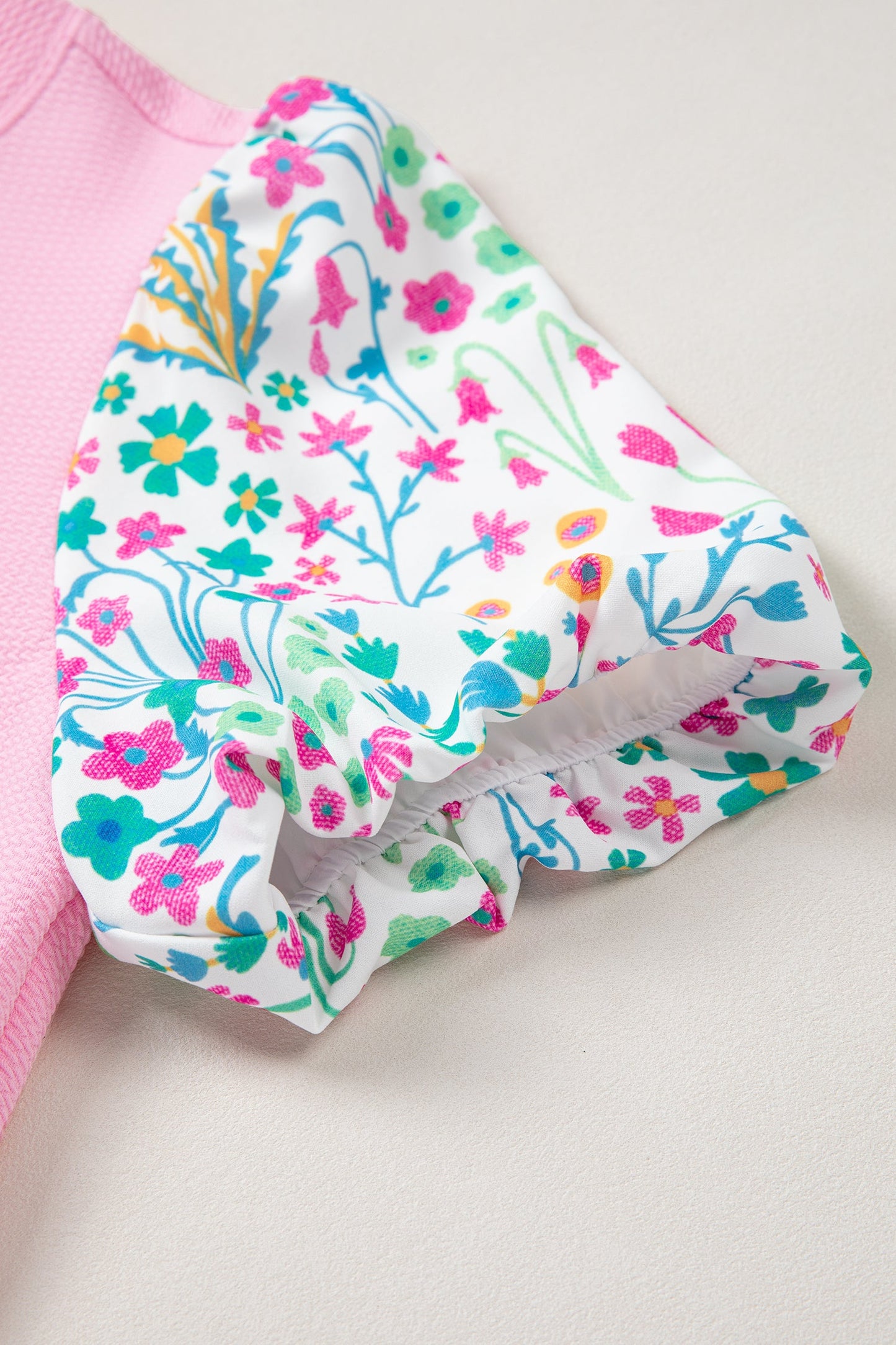 Floral Patchwork Bubble Sleeve Textured Blouse