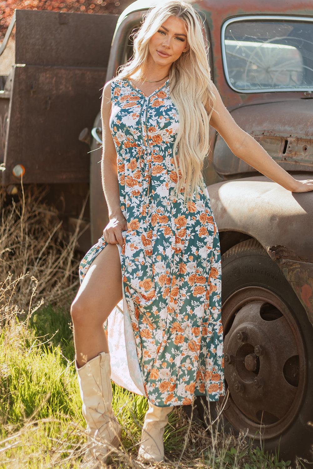 Floral Buttoned V-Neck Tie Waist Maxi Dress