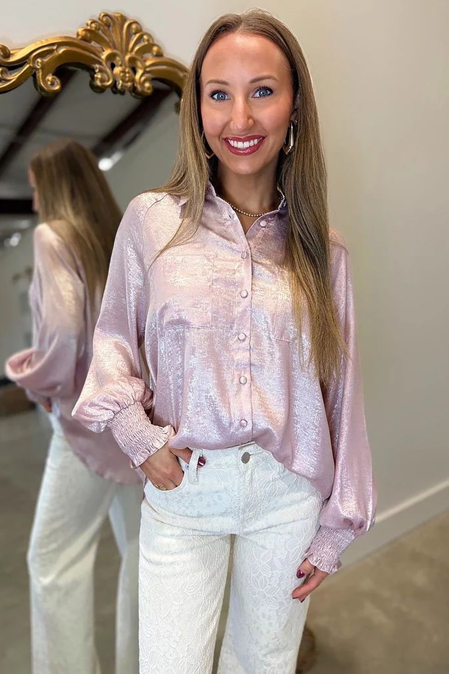Ruffle Cuff Button Front Back Paneling Long Sleeve Shirt