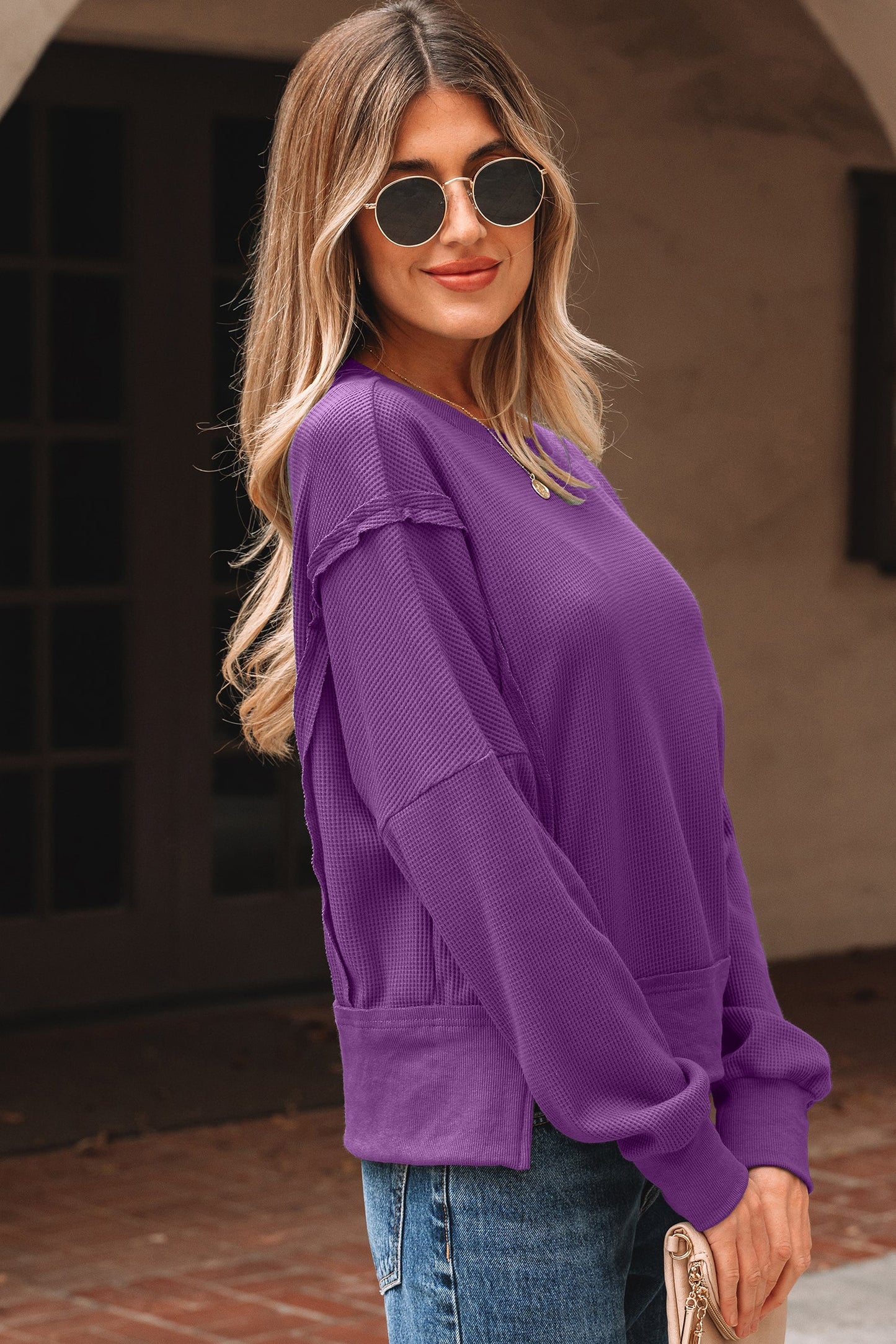 Solid Ribbed Raw Seam Patchwork Drop Shoulder Sweatshirt