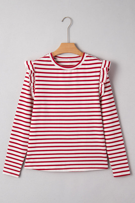 Stripe Round Neck Ruffle Trim Long Sleeve Top