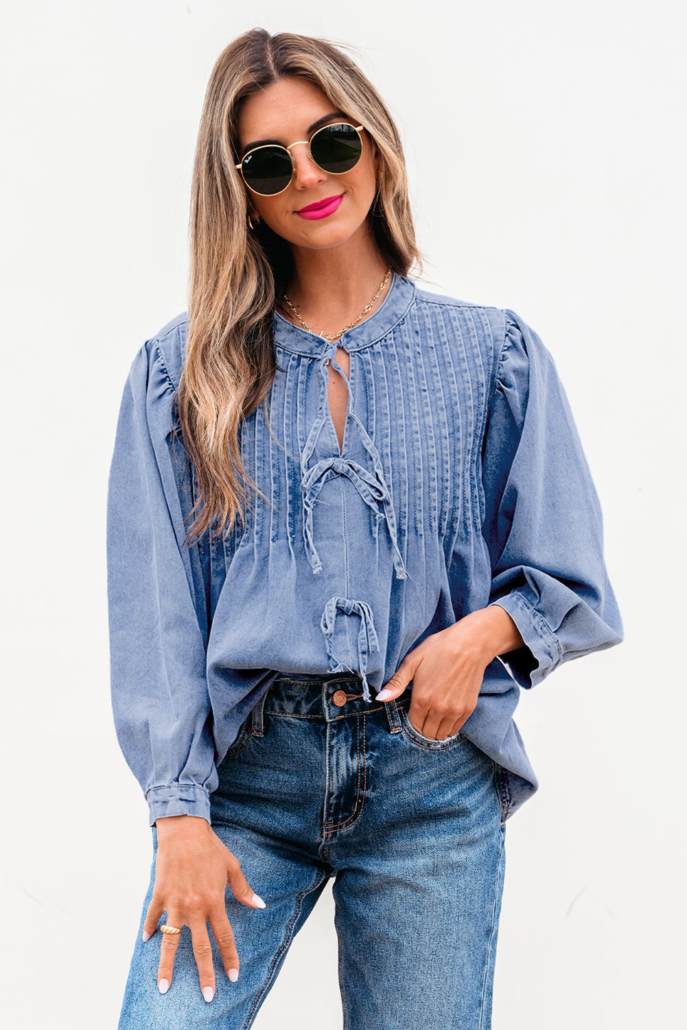 Solid Denim Pleated Bow Tie Puff Sleeve Top