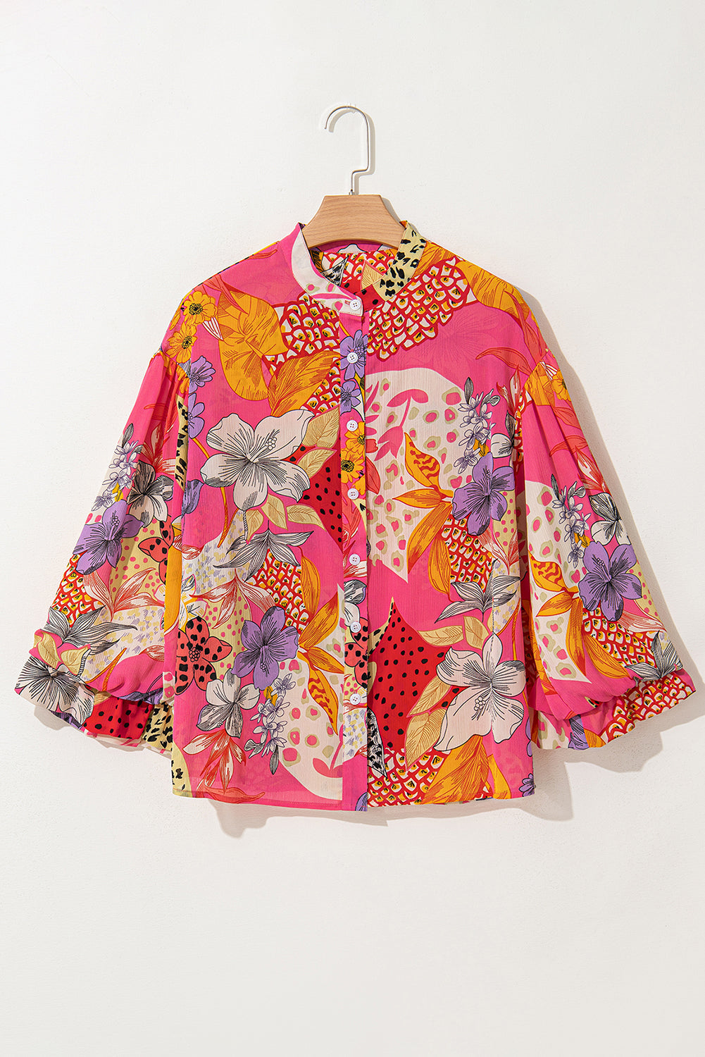 Floral Abstract Buttoned Ruffle Bubble Sleeve Shirt