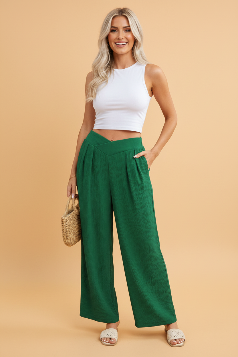 Solid Textured Crossed Waist Loose Pants