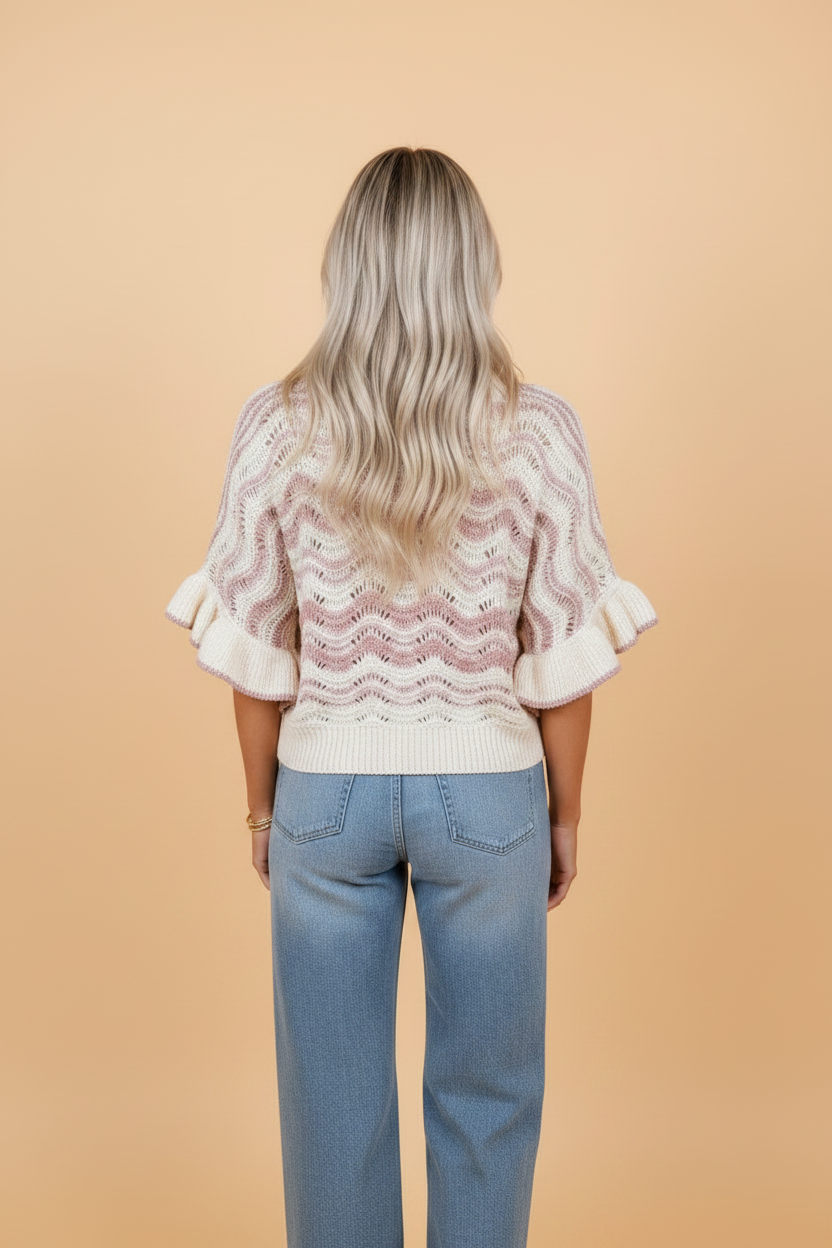 Wavy Stripe Ruffle 3/4 Sleeve Crochet Sweater