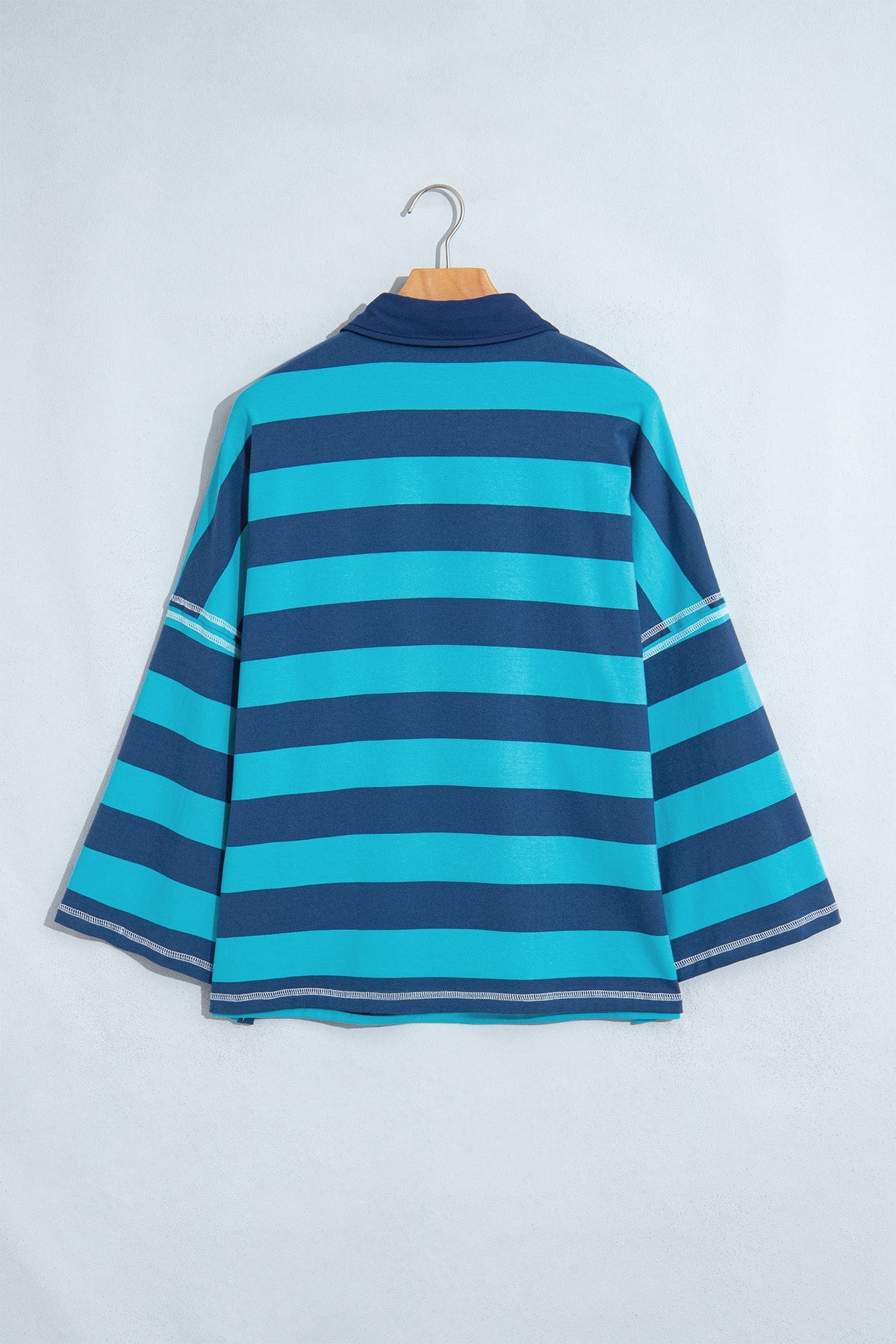 Stripe Contrast Polo Collar Long Sleeve Top