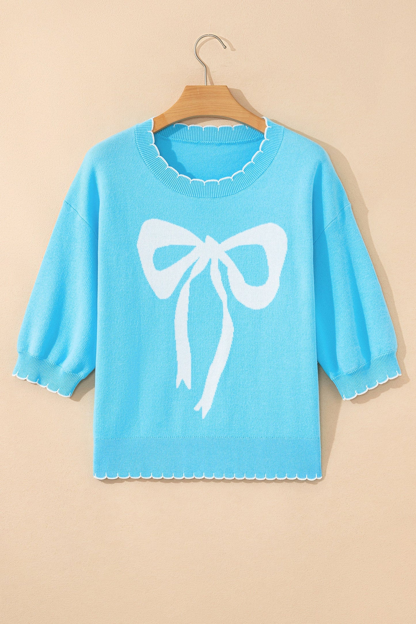Bow Tie Contrast Stitch 3/4 Sleeve Sweater