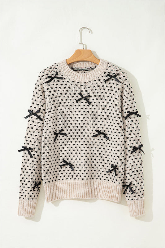 Bow Ribbed Edge Crewneck Long Sleeve Sweater