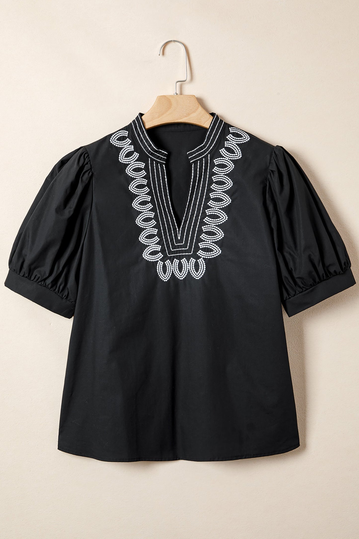 Embroidered V-Neck Short Puff Sleeve Blouse