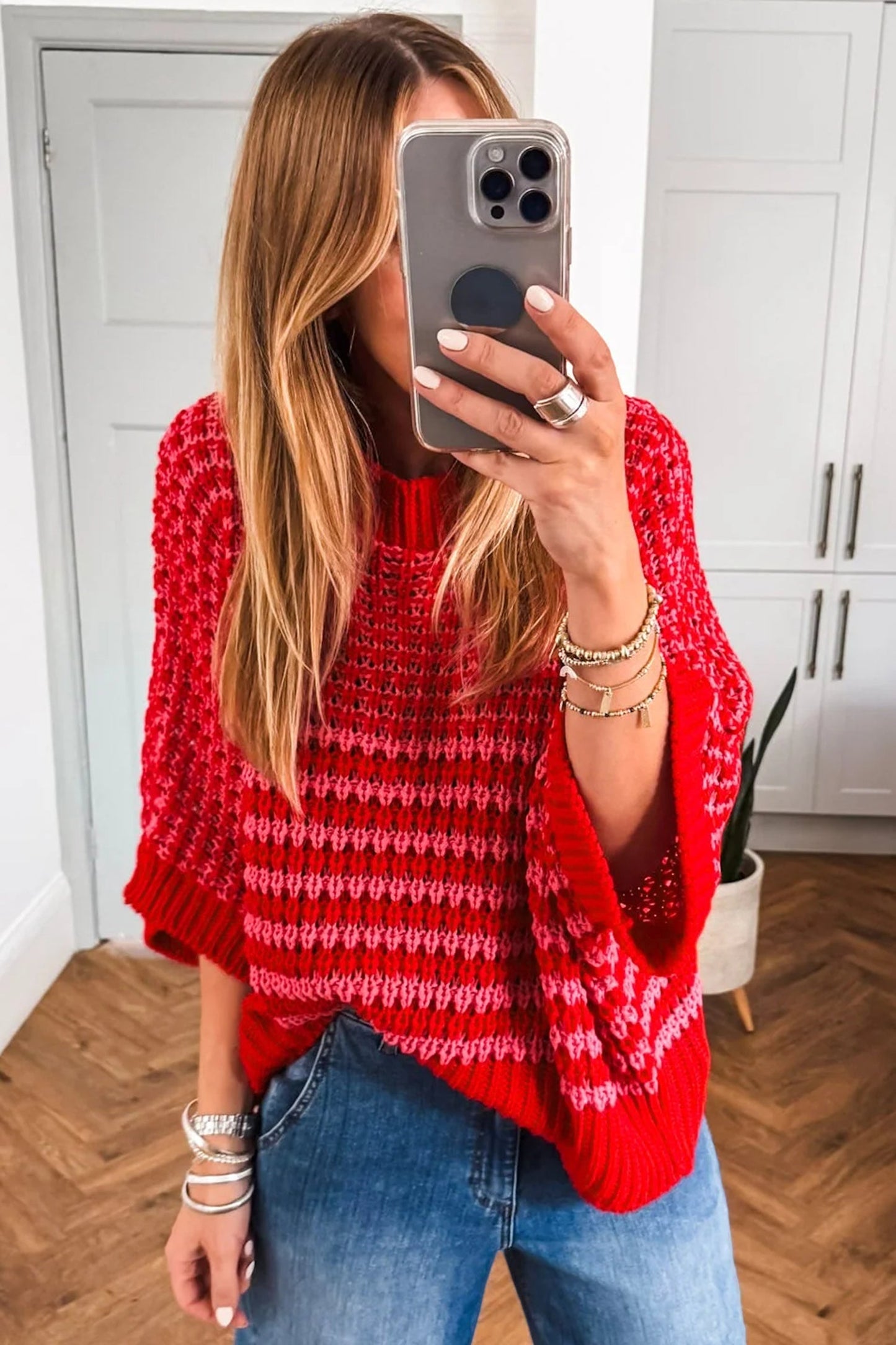 Stripe Draped 3/4 Sleeve Slouchy Sweater