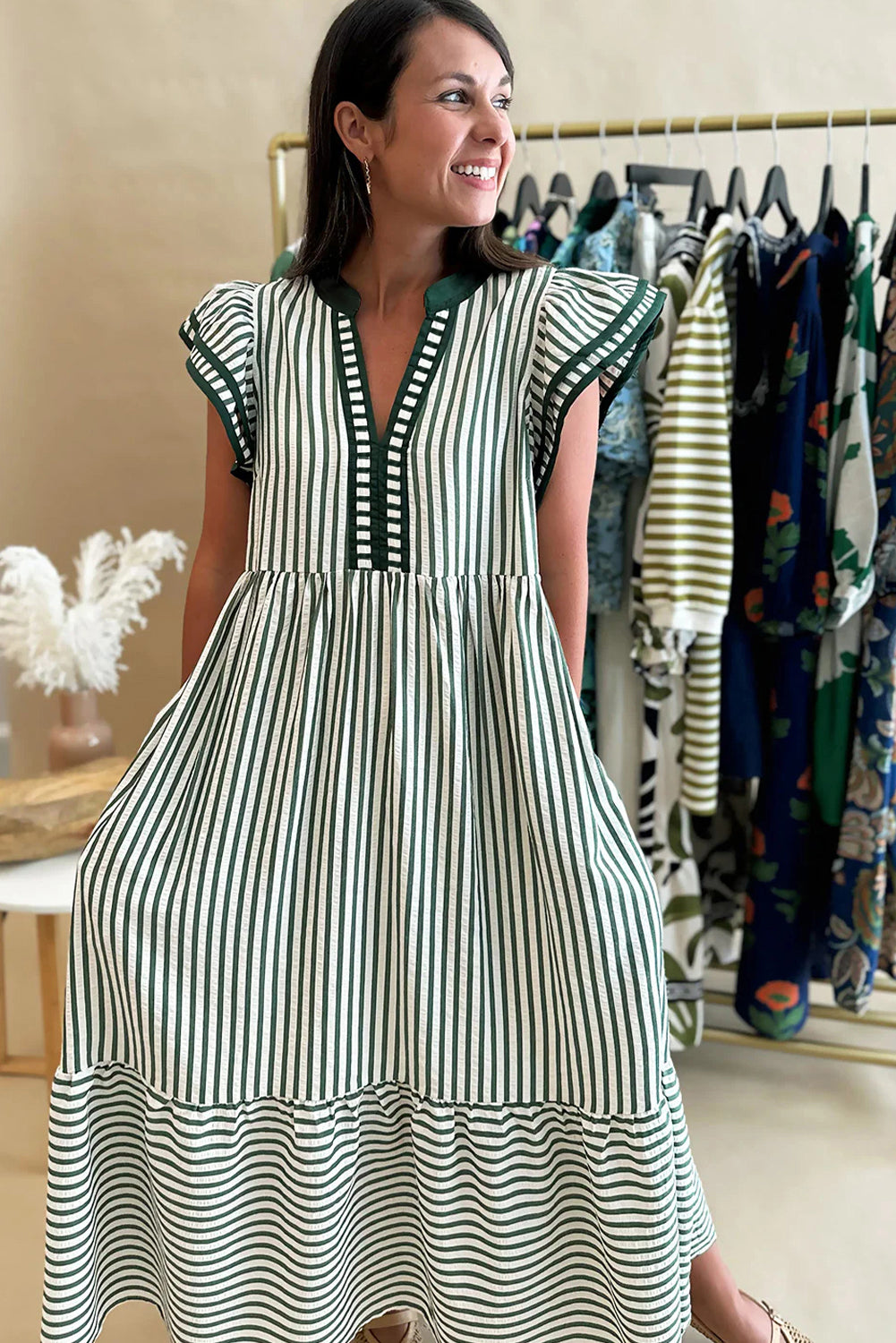 Stripe Ruffle Short Sleeve V-Neck Midi Dress