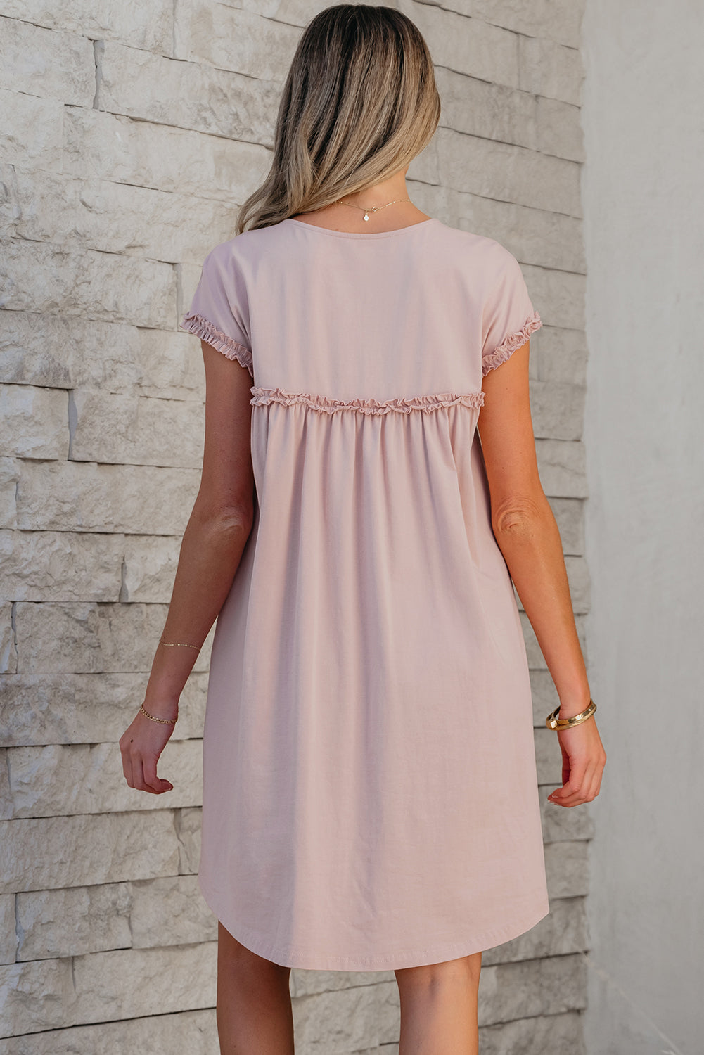 Frilled Trim Crew-Neck Loose Fit Mini Dress