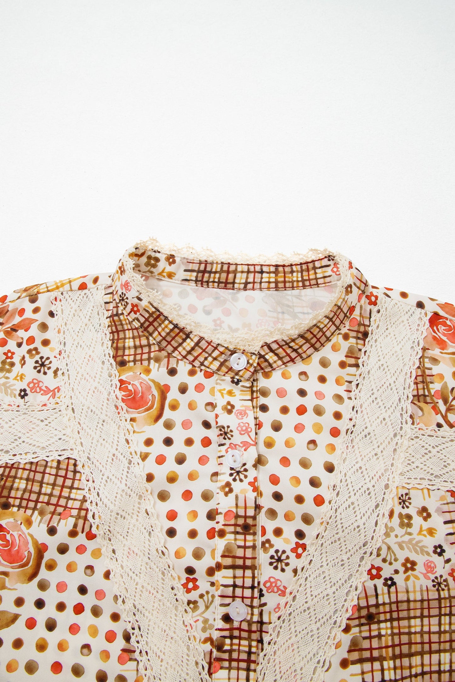 Floral Lace Trim Button Down Long Sleeve Shirt