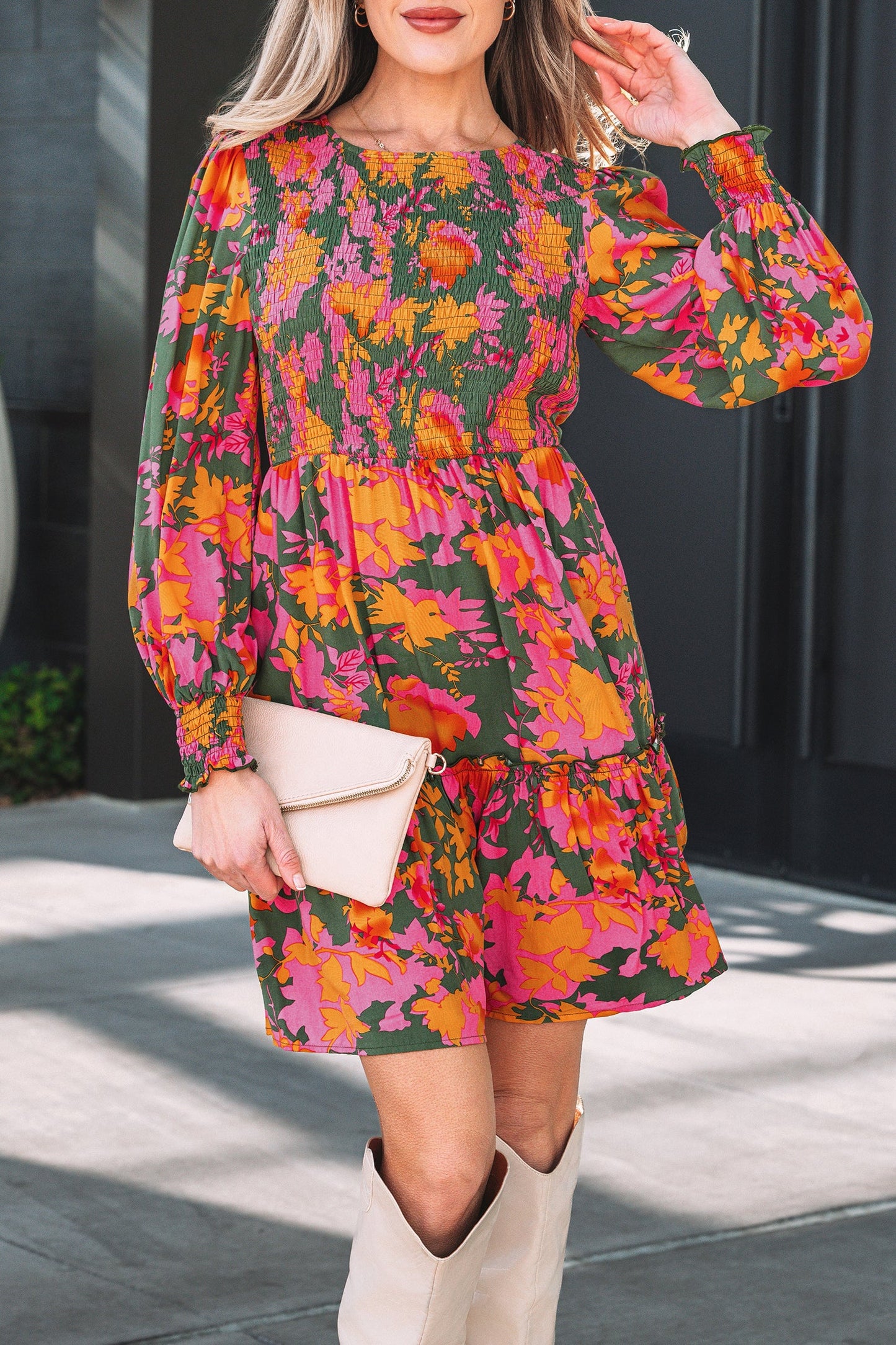 Floral Smocked Ruffle Hem Long Sleeve Mini Dress