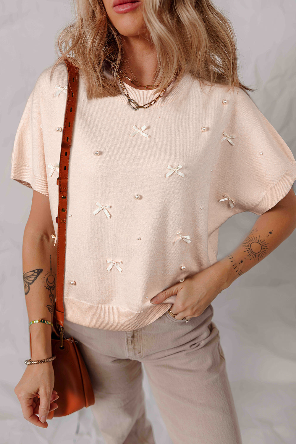 Bow Pearl Embellished Dolman Short Sleeve Sweater