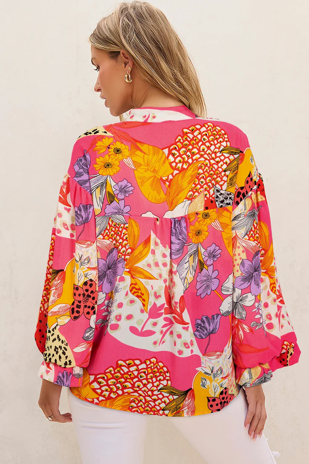 Floral Abstract Buttoned Ruffle Bubble Sleeve Shirt